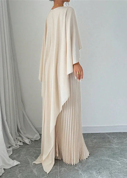 Langes Kleid Beige Ärmel Patchwork Asymmetrische Elegante