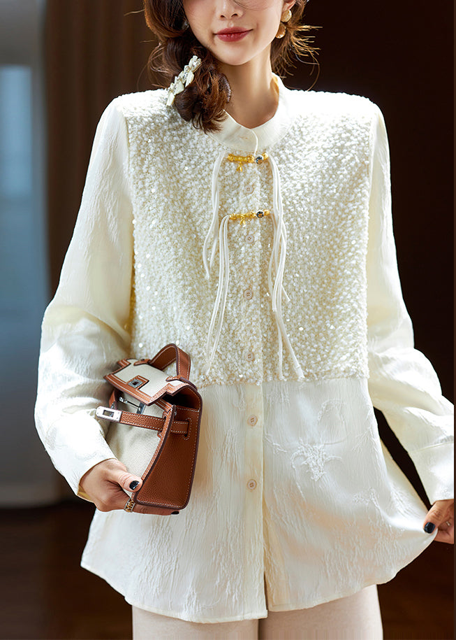 Elegant Beige Chinese Button Sequins Silk Shirt Long Sleeve AC1003