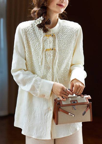 Elegant Beige Chinese Button Sequins Silk Shirt Long Sleeve AC1003