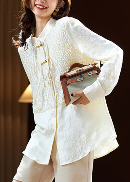 Elegant Beige Chinese Button Sequins Silk Shirt Long Sleeve AC1003