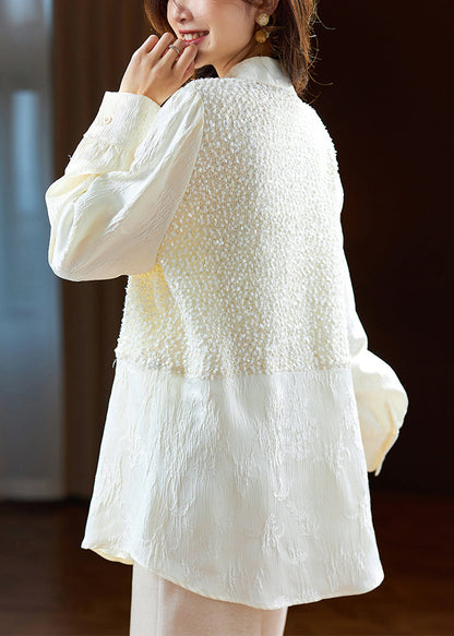 Elegant Beige Chinese Button Sequins Silk Shirt Long Sleeve AC1003