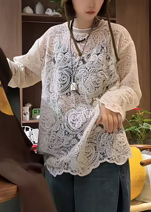 Chemise beige élégante brodée en dentelle de printemps