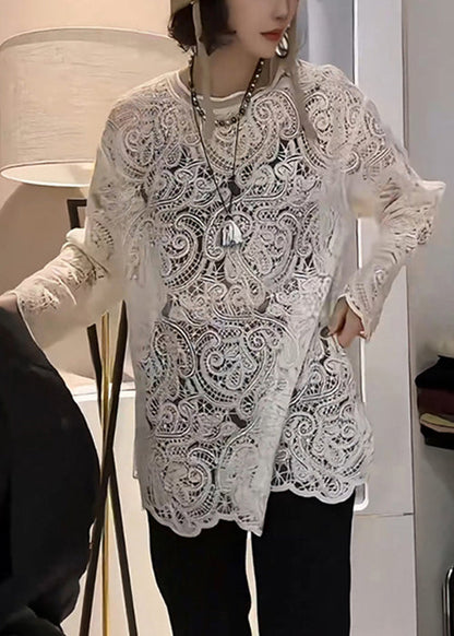 Chemise beige élégante brodée en dentelle de printemps