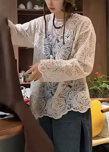 Chemise beige élégante brodée en dentelle de printemps