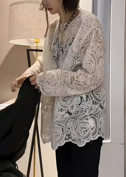 Chemise beige élégante brodée en dentelle de printemps