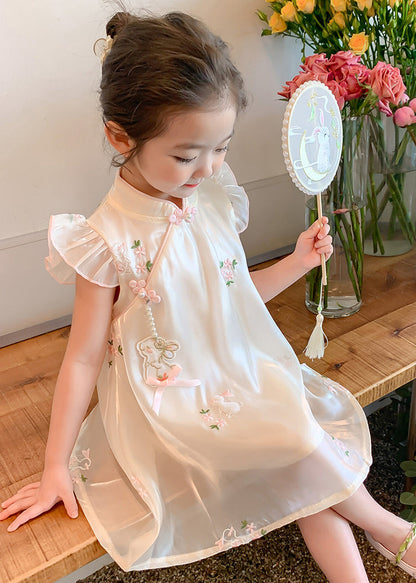 Robe longue d'été élégante en tulle à boutons brodés beige pour filles MN014