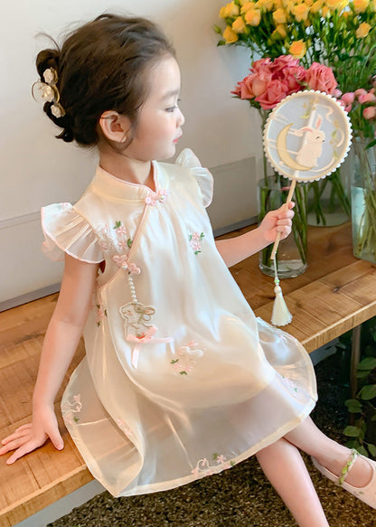 Robe longue d'été élégante en tulle à boutons brodés beige pour filles MN014