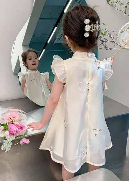 Robe longue d'été élégante en tulle à boutons brodés beige pour filles MN014