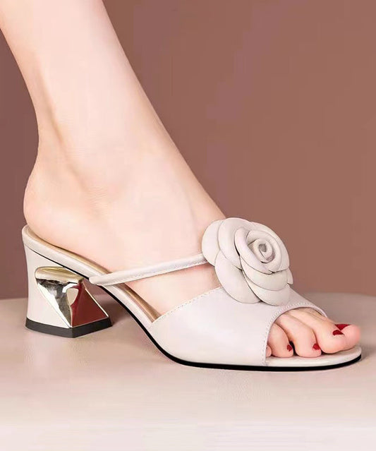 Elegant Beige Floral Chunky Heel Slide Sandals Peep Toe XC1028