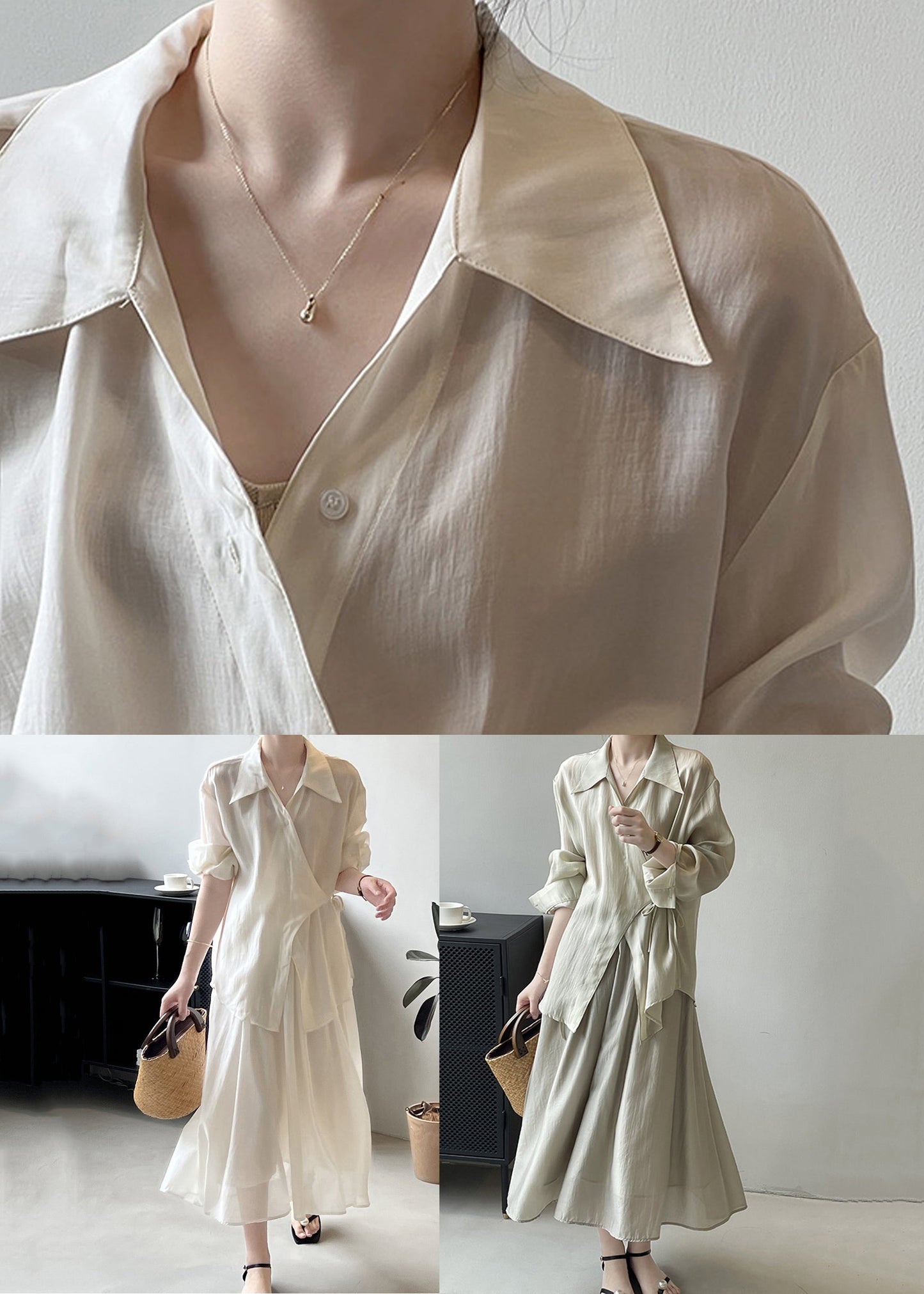 Elegant Beige Lace Up Shirts And Skirts Two Pieces Set Fall QE042