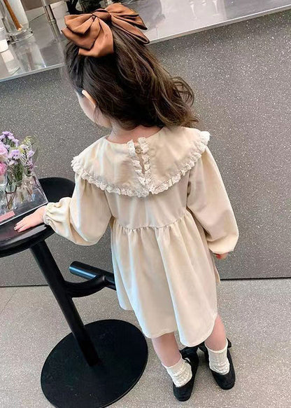 Robe élégante en coton uni à col Peter Pan beige pour filles, manches longues XZ056