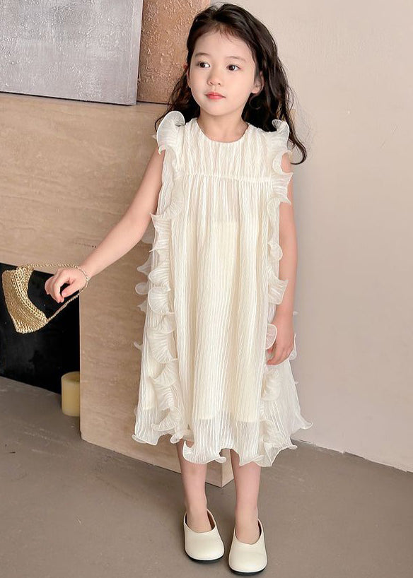 Elegant Beige Ruffled Solid Spandex Girls Dresses Sleeveless TT003