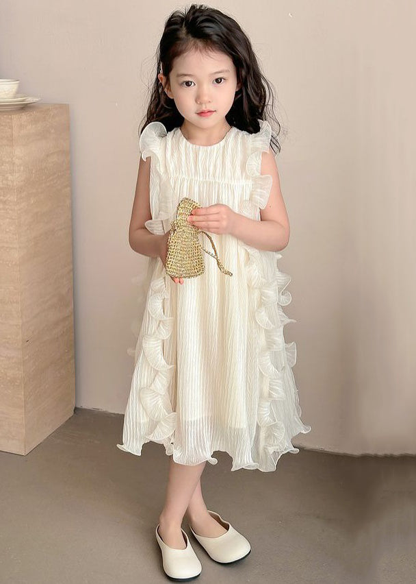 Elegant Beige Ruffled Solid Spandex Girls Dresses Sleeveless TT003