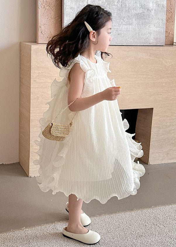 Elegant Beige Ruffled Solid Spandex Girls Dresses Sleeveless TT003