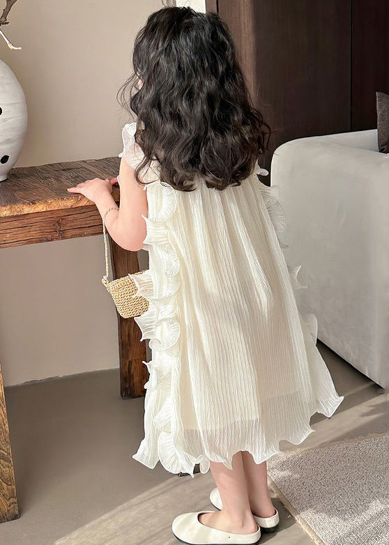 Elegant Beige Ruffled Solid Spandex Girls Dresses Sleeveless TT003