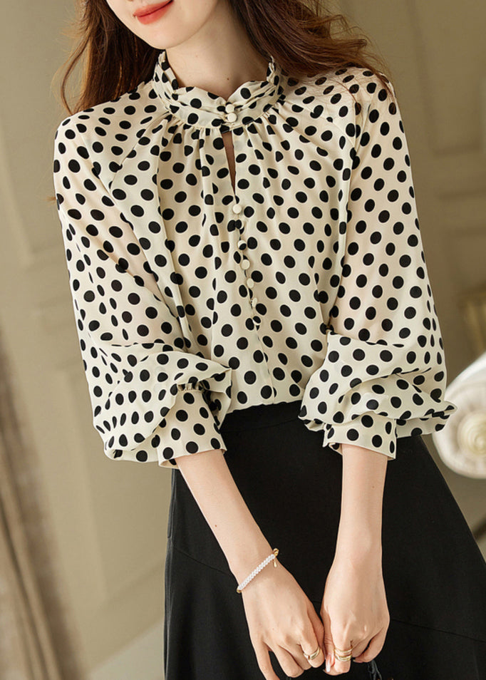 Elegantes beiges Chiffon-Shirt mit Stehkragen und Punktmuster, Langarm, WW008