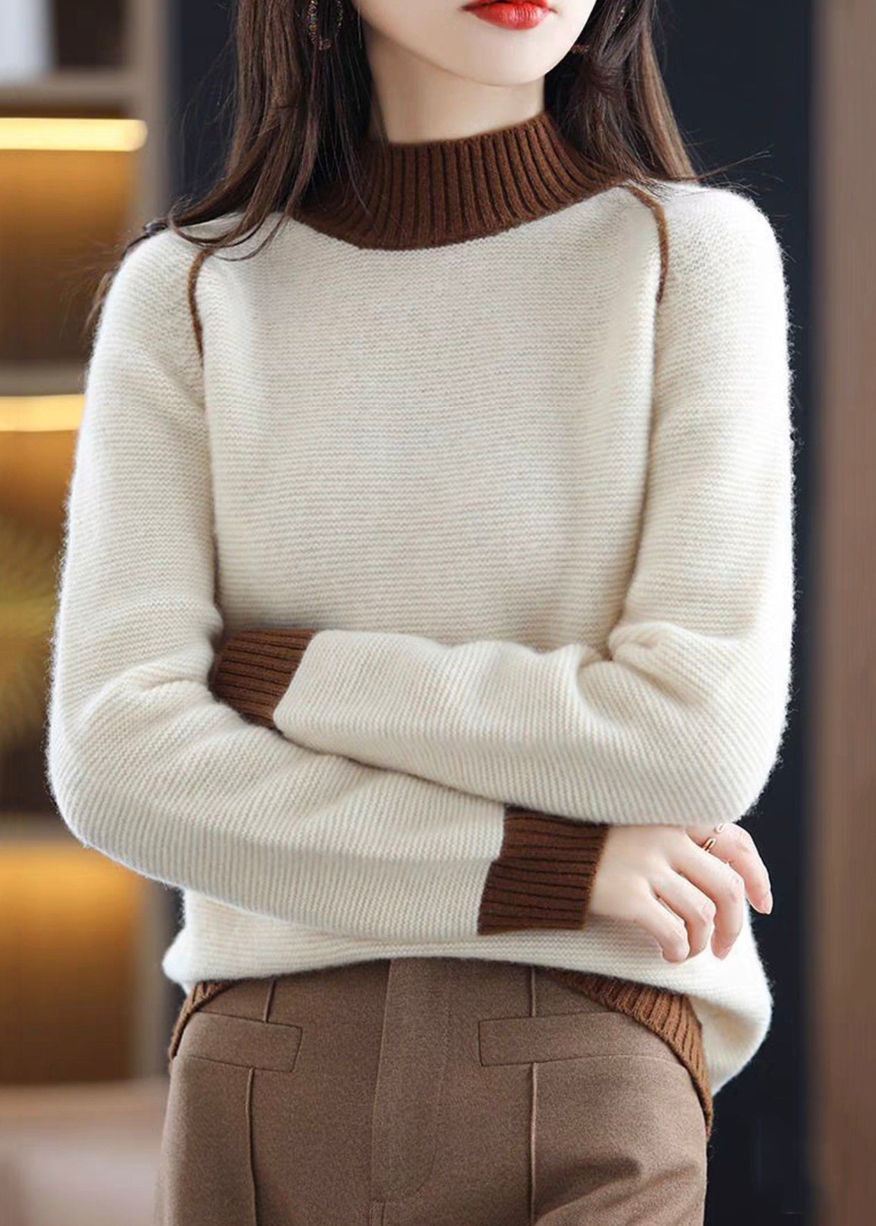 Elegant Brown Turtleneck Cozy Patchwork Wool Knit Sweaters QI042