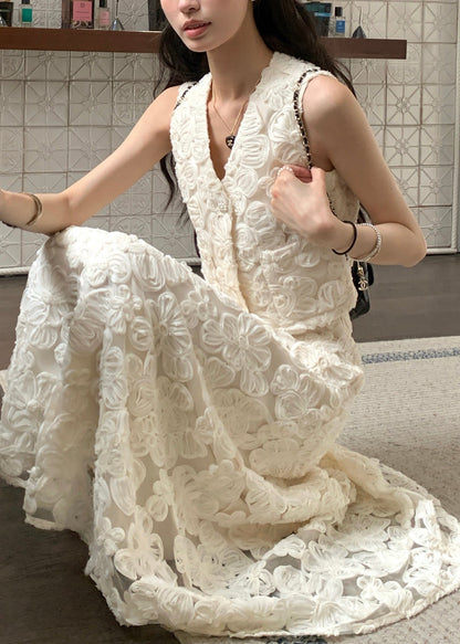 Elegant Beige Neck Cotton Floral V Two Set Pieces Waist High