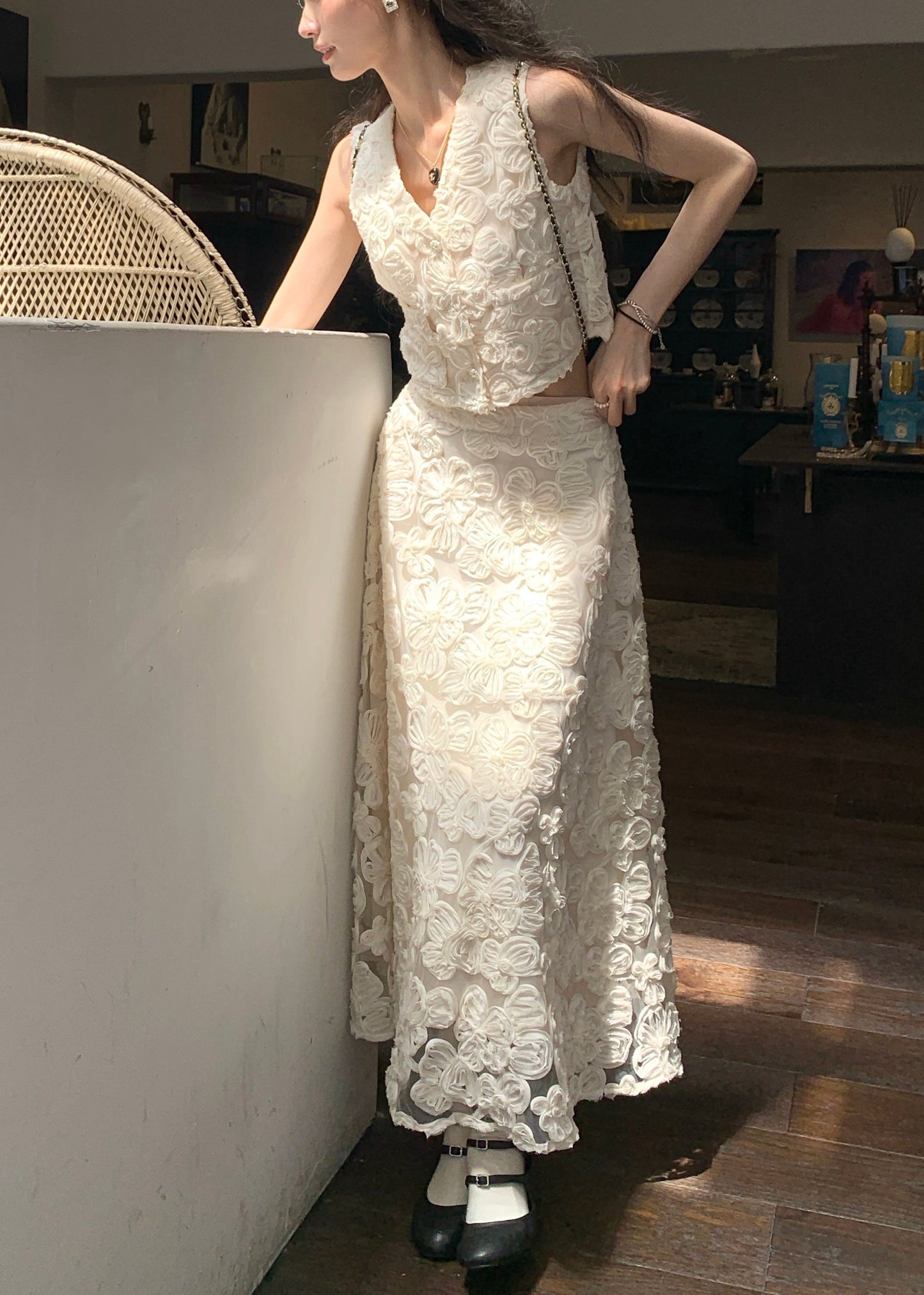 Elegant Beige Neck Cotton Floral V Two Set Pieces Waist High