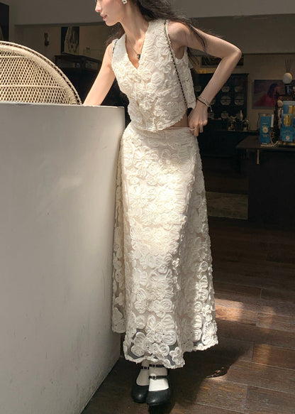 Elegant Beige Neck Cotton Floral V Two Set Pieces Waist High