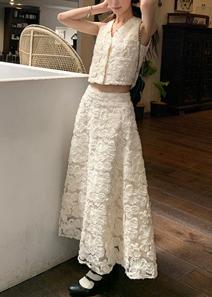 Elegant Beige Neck Cotton Floral V Two Set Pieces Waist High