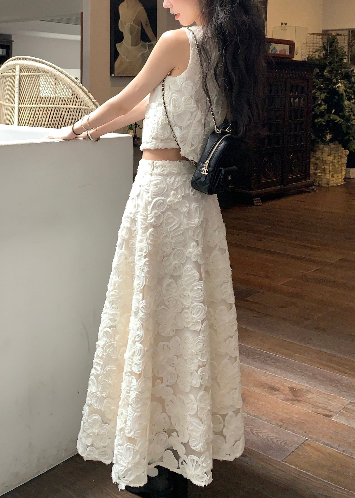 Elegant Beige Neck Cotton Floral V Two Set Pieces Waist High