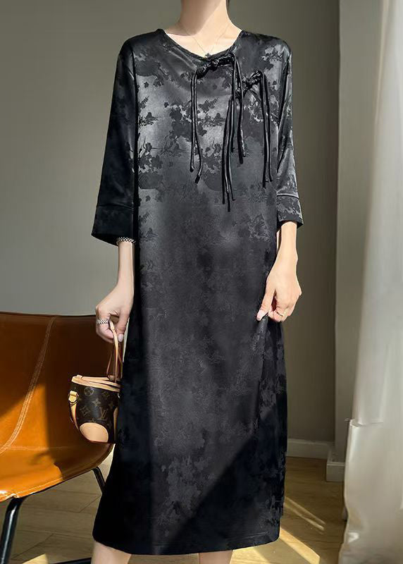 Elegant Black Chinese Button Solid Silk Dresses Fall AB1034