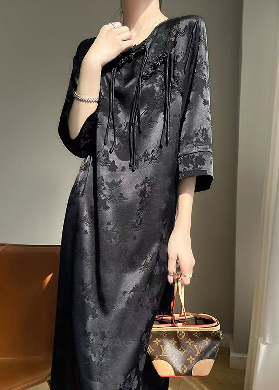 Elegant Black Chinese Button Solid Silk Dresses Fall AB1034