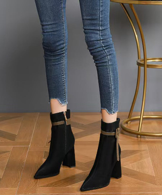 Elegante schwarze Kunstleder-Spleißstiefel mit spitzer Spitze TE006