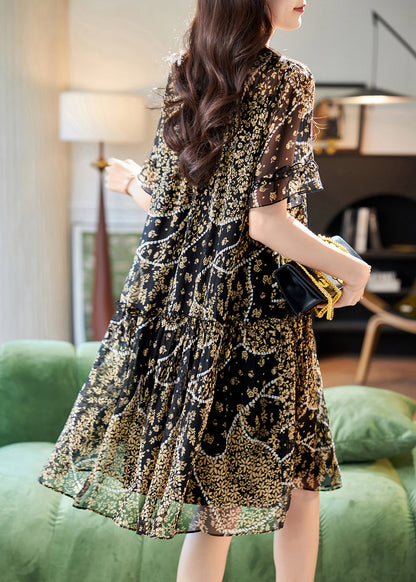 Print Chiffon Sommer O Patchwork Kleid Elegante Spitze Hals Schwarz