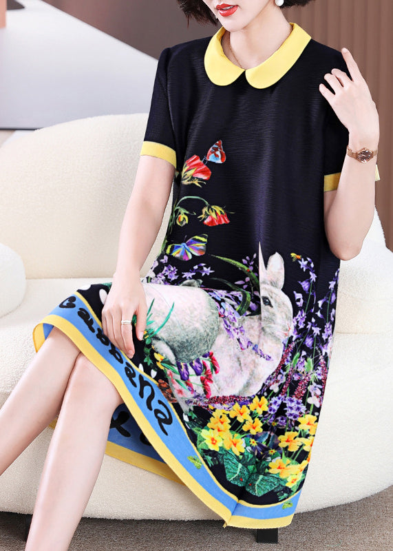 Elegant Black O-Neck Print Long a Line Dress Short Sleeve GH1014