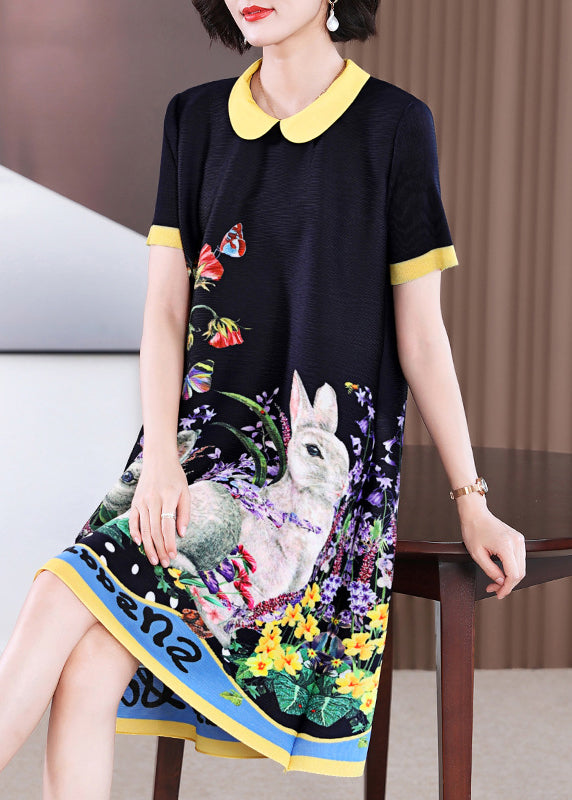 Elegant Black O-Neck Print Long a Line Dress Short Sleeve GH1014