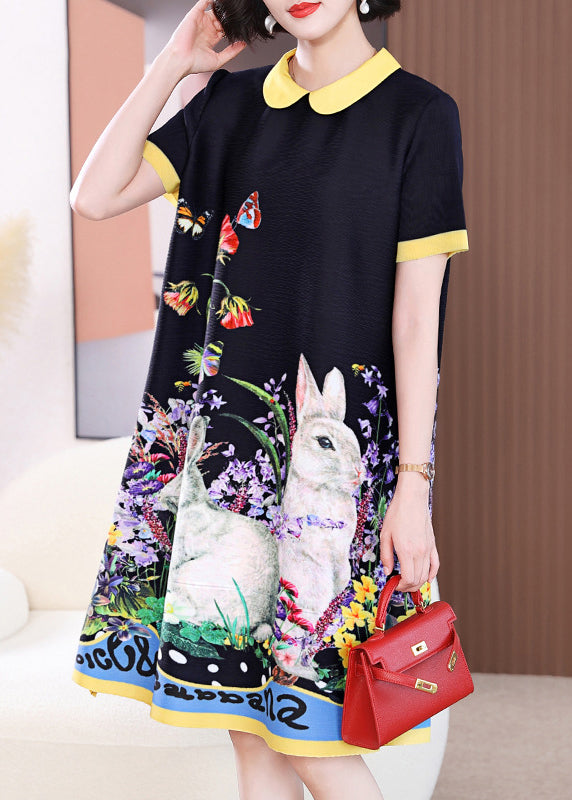 Elegant Black O-Neck Print Long a Line Dress Short Sleeve GH1014