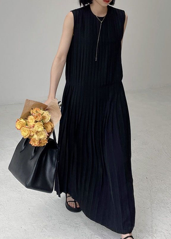 Elegant Black O-Neck Wrinkled Chiffon Long Dress Summer UU1003