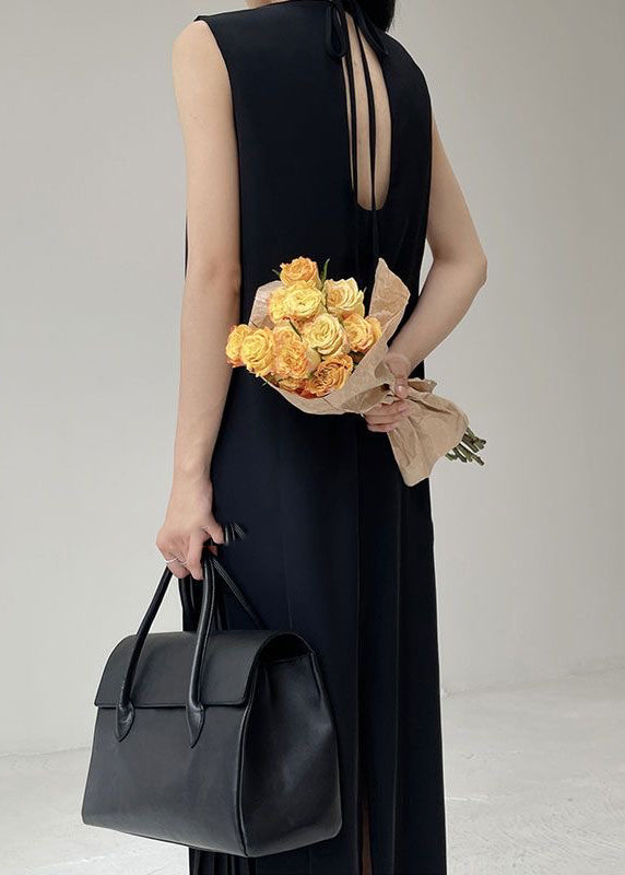 Elegant Black O-Neck Wrinkled Chiffon Long Dress Summer UU1003