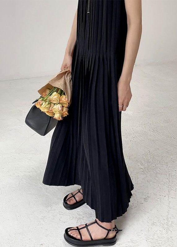 Elegant Black O-Neck Wrinkled Chiffon Long Dress Summer UU1003