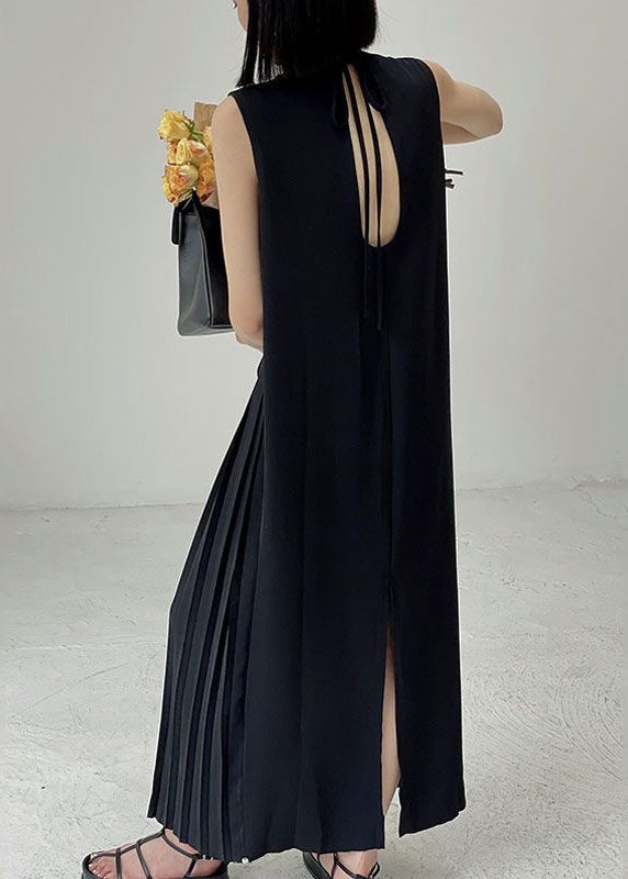 Elegant Black O-Neck Wrinkled Chiffon Long Dress Summer UU1003