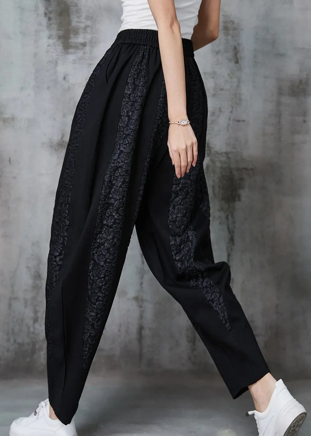 Elegant Black Oversized Patchwork Jacquard Cotton Pants Spring Ada Fashion