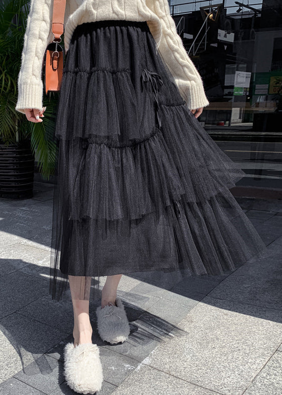 Elegant Black Ruffled High Waist Tulle Skirt Summer Ada Fashion