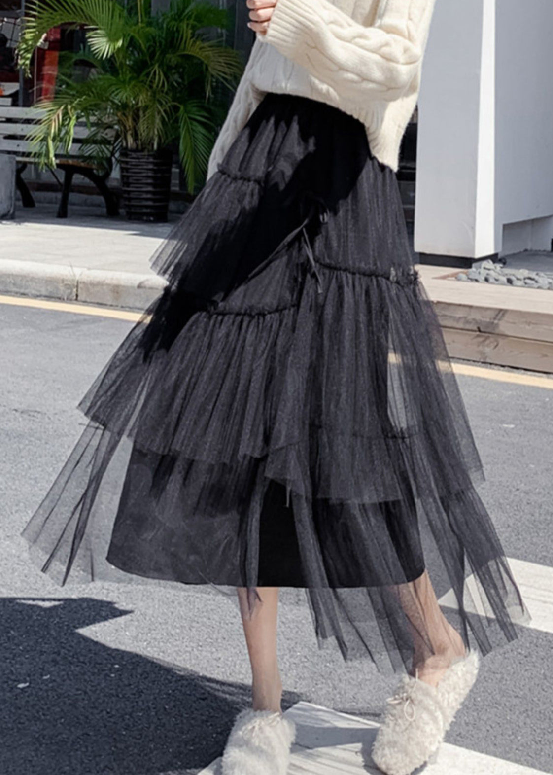 Elegant Black Ruffled High Waist Tulle Skirt Summer Ada Fashion