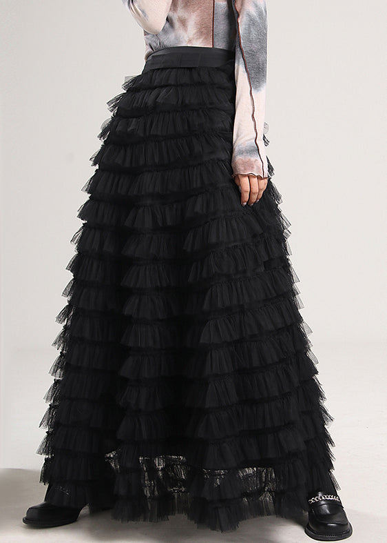 Elegant Black Solid High Waist Tulle Pleated Skirt Spring Ada Fashion