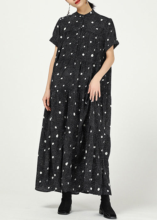 Elegant Black Stand Collar Print Cotton Dresses Short Sleeve AA1062