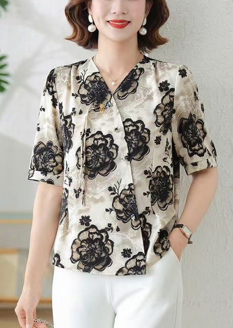 Print Shirts Tasseled Black Summer Elegant Silk