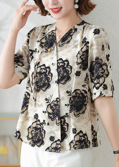 Print Shirts Tasseled Black Summer Elegant Silk