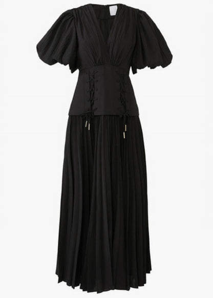 Robe longue noire élégante en coton à lacets et col en V pour l'été AU1011