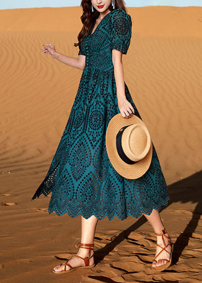 Grün Out Blackish Hollow Baumwolle Sommer Hals Kleider V Elegant