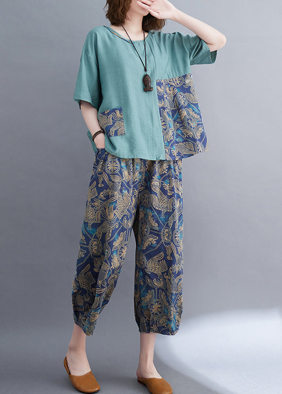 Set Summer Elegant Patchwork Two Blue Asymmetrical Pieces Cotton