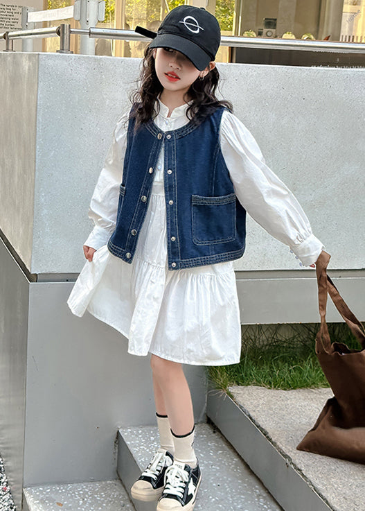 Elegant Blue Denim Waistcoat And White Dress Girls Sets 2 Pieces Fall XZ081