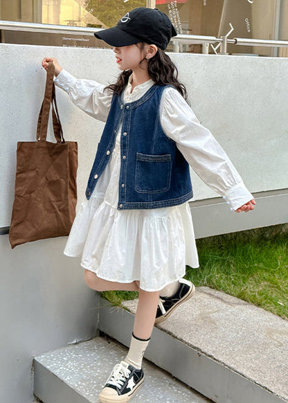 Ensemble élégant gilet en jean bleu et robe blanche pour filles, ensemble 2 pièces pour l'automne XZ081