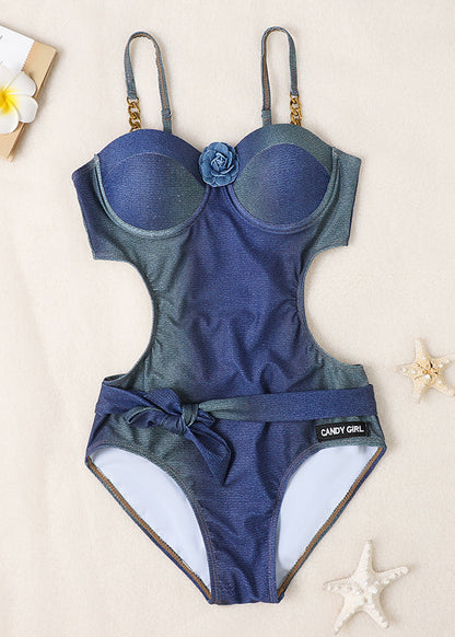 Body élégant et uni en jean avec nœud et motif floral bleu